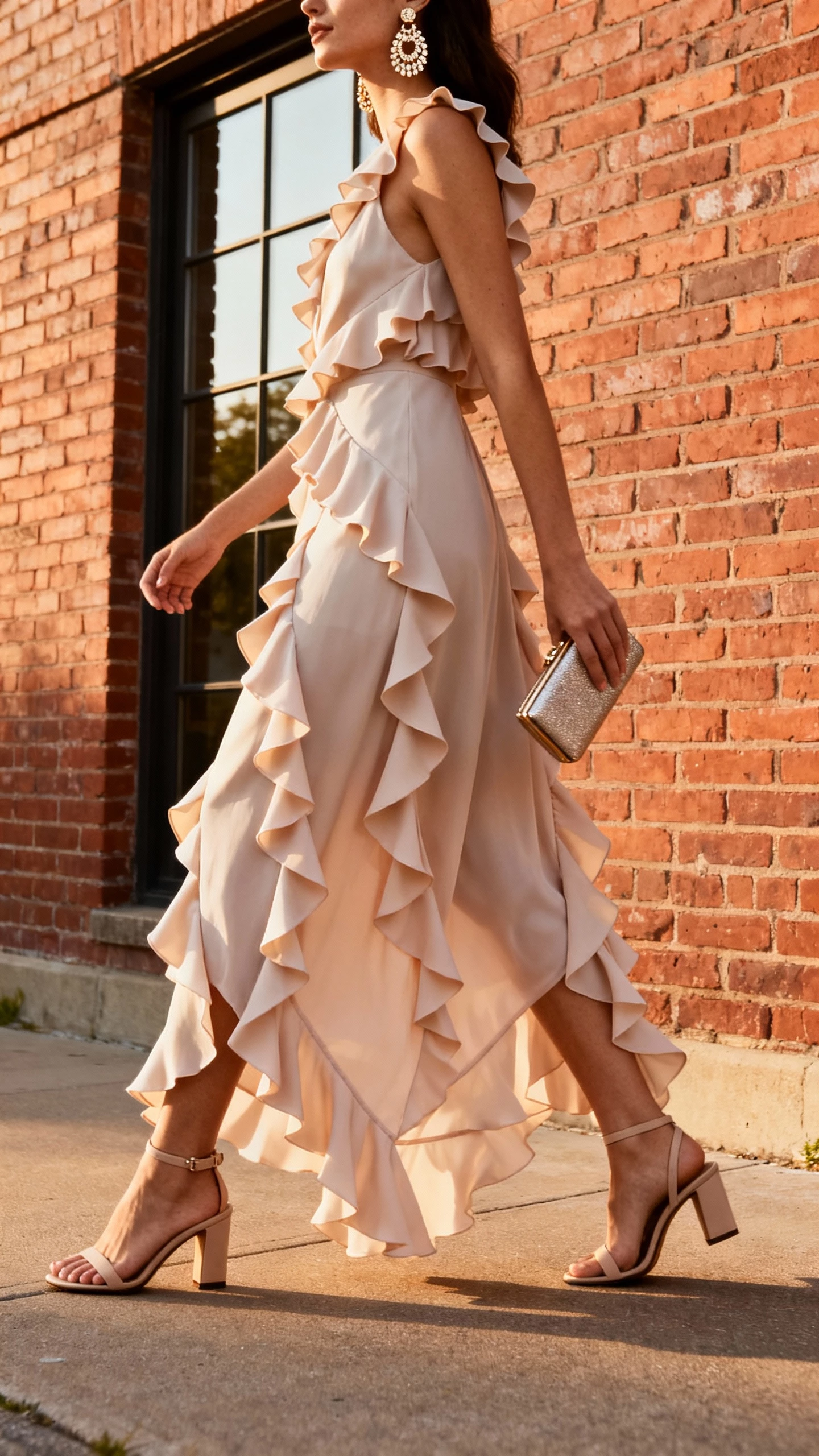 iPhone street-style side shot of a woman wearing a cascading ruffle gown with waterfall movement, heeled sandals, statement earrings, and a compact clutch, face not visible, walking past a brick building, late afternoon daylight, natural iPhone photo quality.