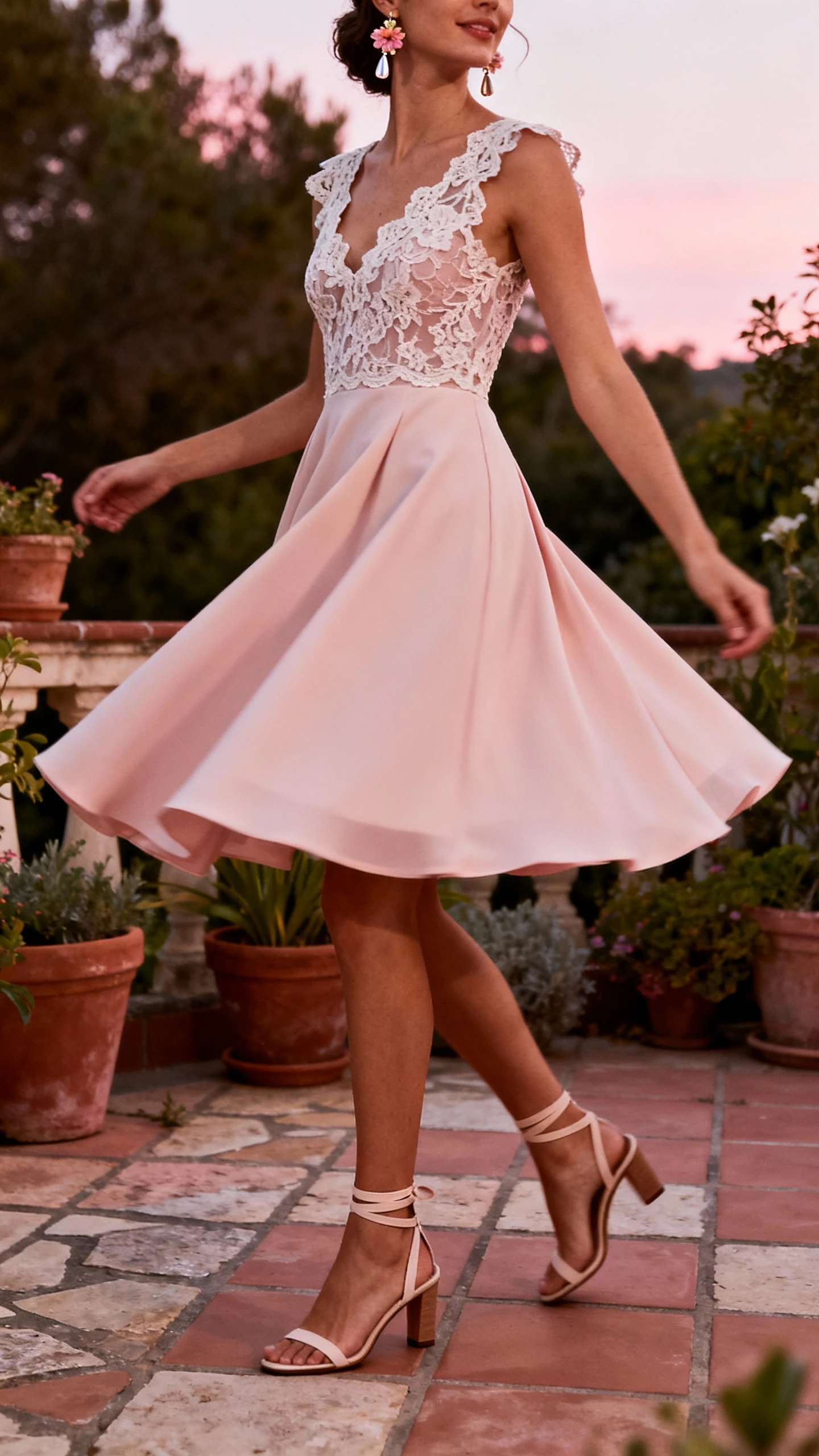 iPhone twirl shot from the side of a woman in a rosy blush A-line dress with romantic lace bodice and swishy skirt, ankle-strap heels, floral drop earrings, face not visible, garden patio setting at dusk, natural iPhone photo.