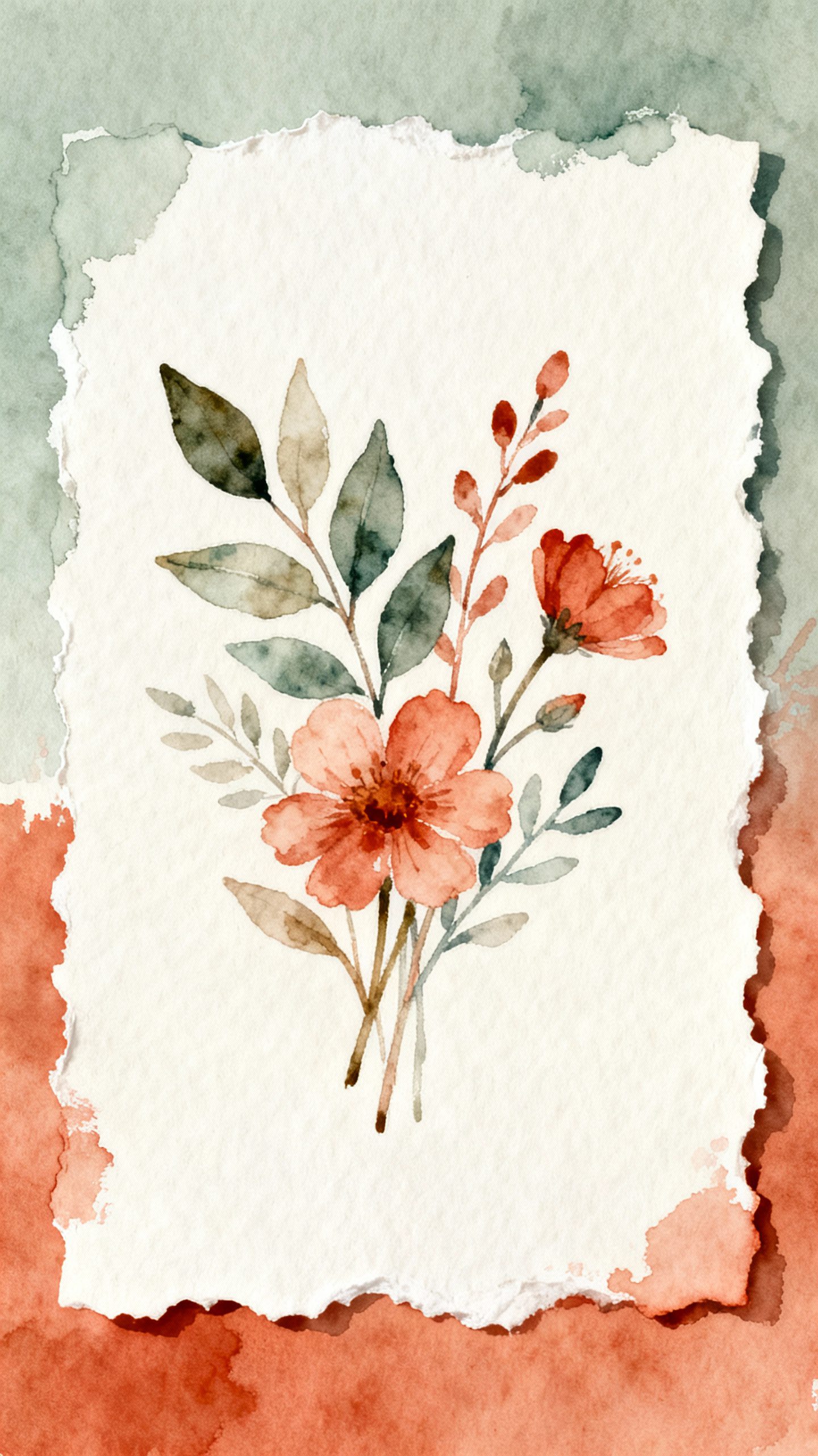 Botanical illustration postcard on deckle-edge paper, painterly border, muted sage and terracotta pa