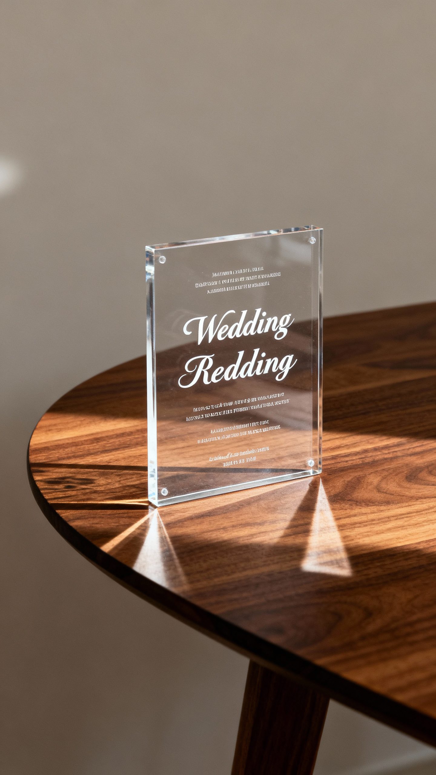 Clear acrylic wedding invite on walnut table, white ink details, soft shadows, modern minimal
