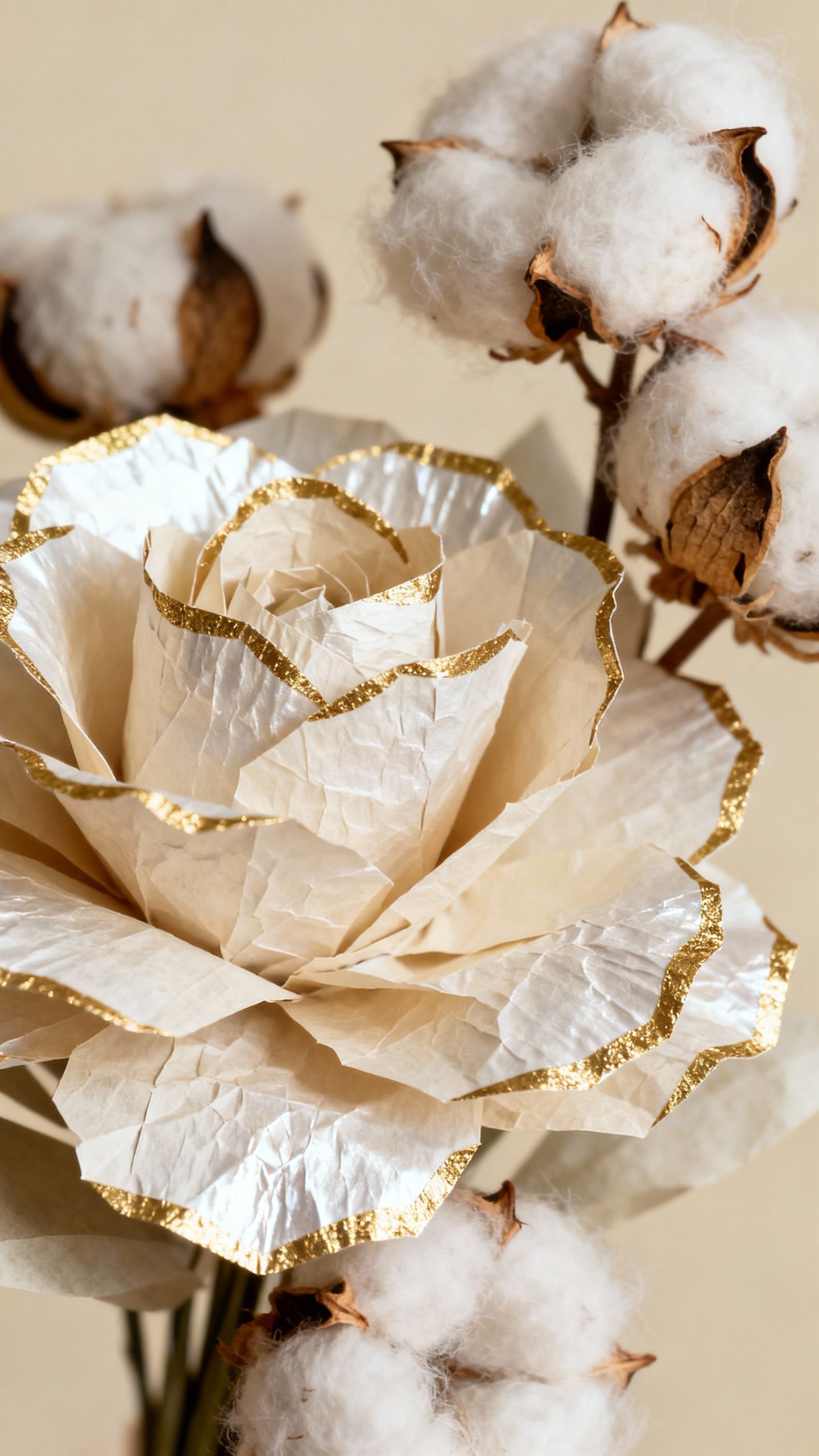 Closeup blooming paper bouquet, pearl petals, gold-edged, cotton stock