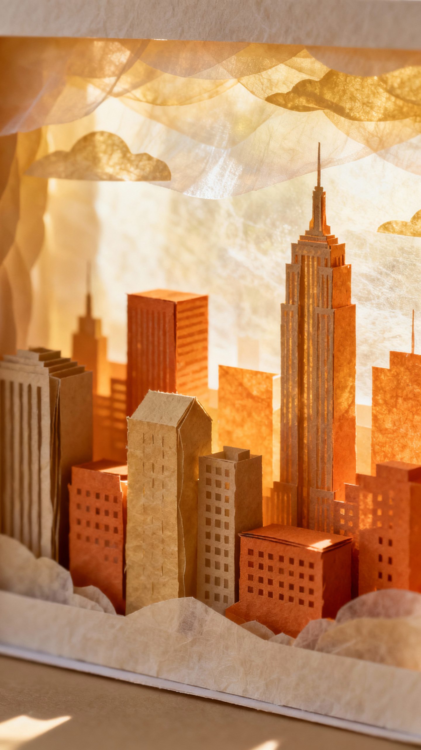 Closeup layered shadow box paper scene, city skyline, cotton paper texture, soft vellum layer, warm 
