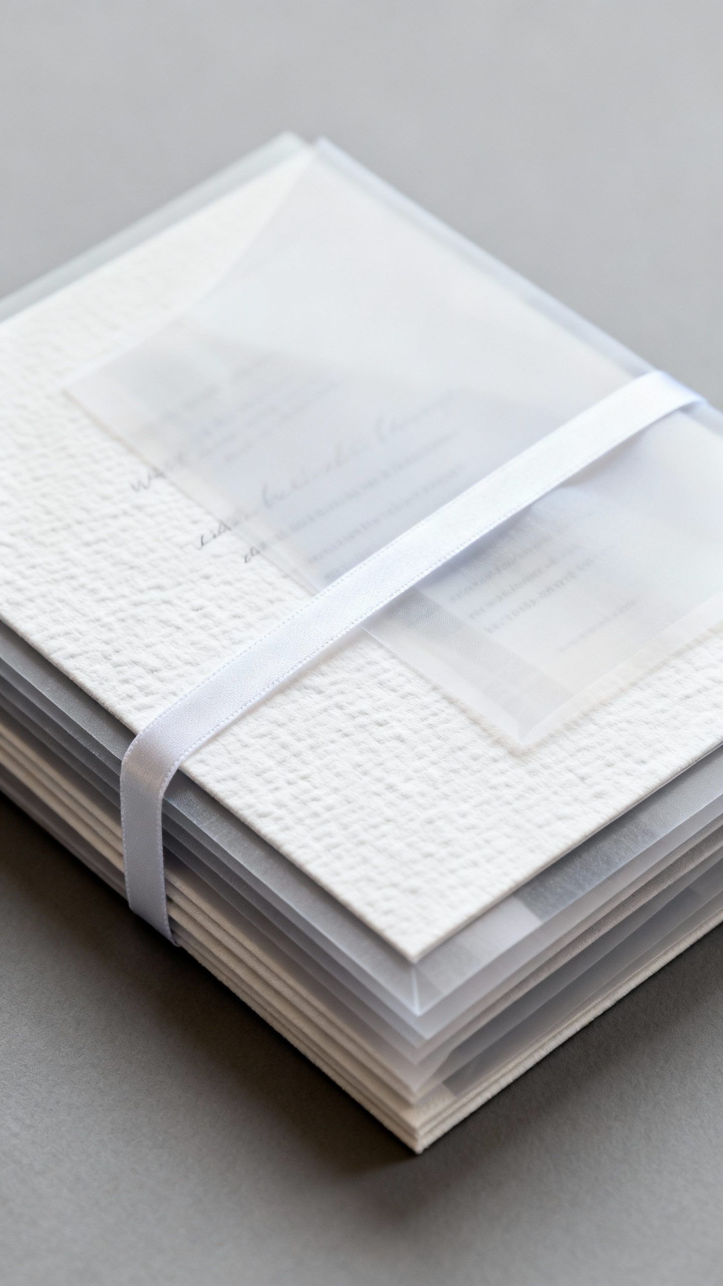 Closeup layered wedding invite stack: white cotton base, frosted vellum overlay, slim white ribbon, 