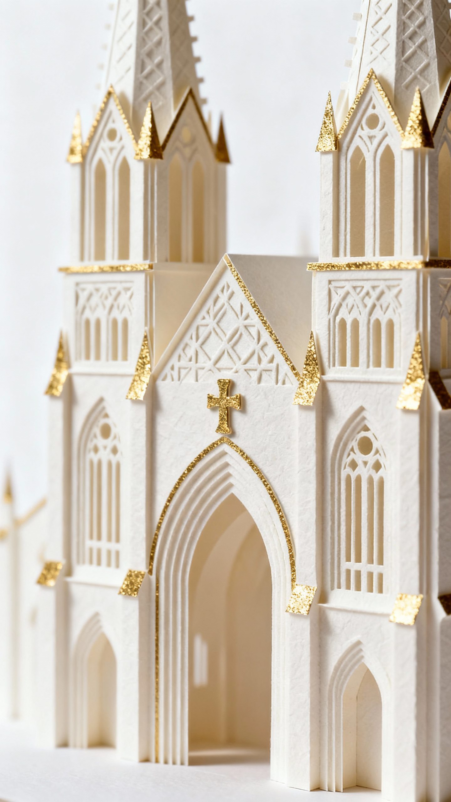 Closeup of ivory pop-up cathedral arches with matte gold foil accents