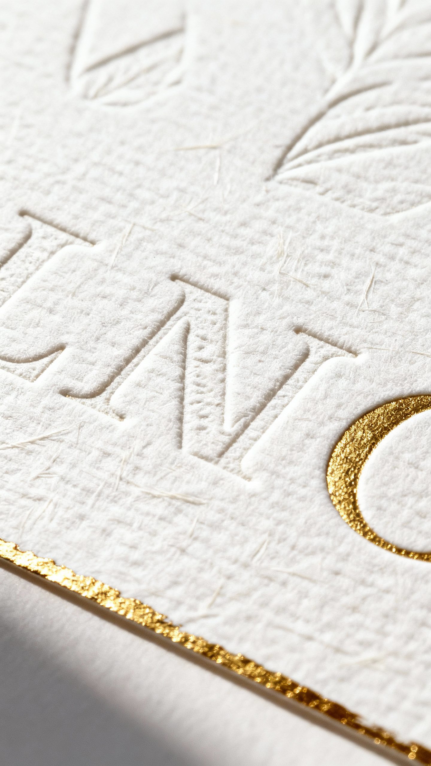 Closeup of letterpress cotton rag invite, deep deboss, metallic gold edge painting