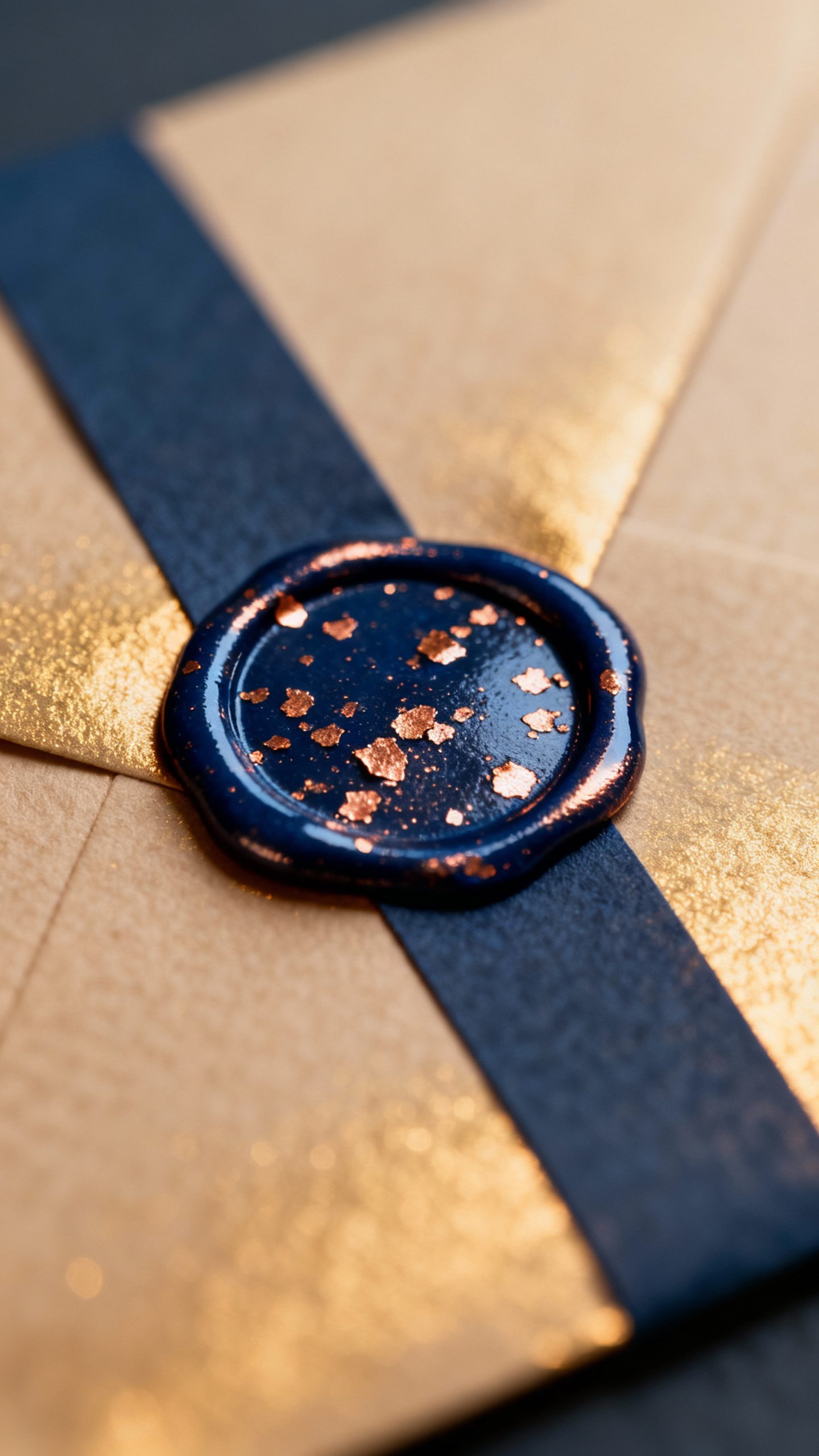 Closeup of wax seal on deep navy envelope belly band, copper flecks