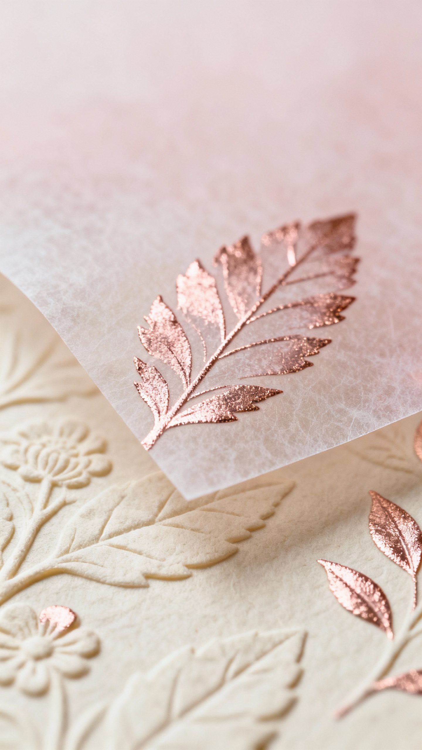 Closeup vellum overlay above botanical bas-relief leaves, blush foil accents