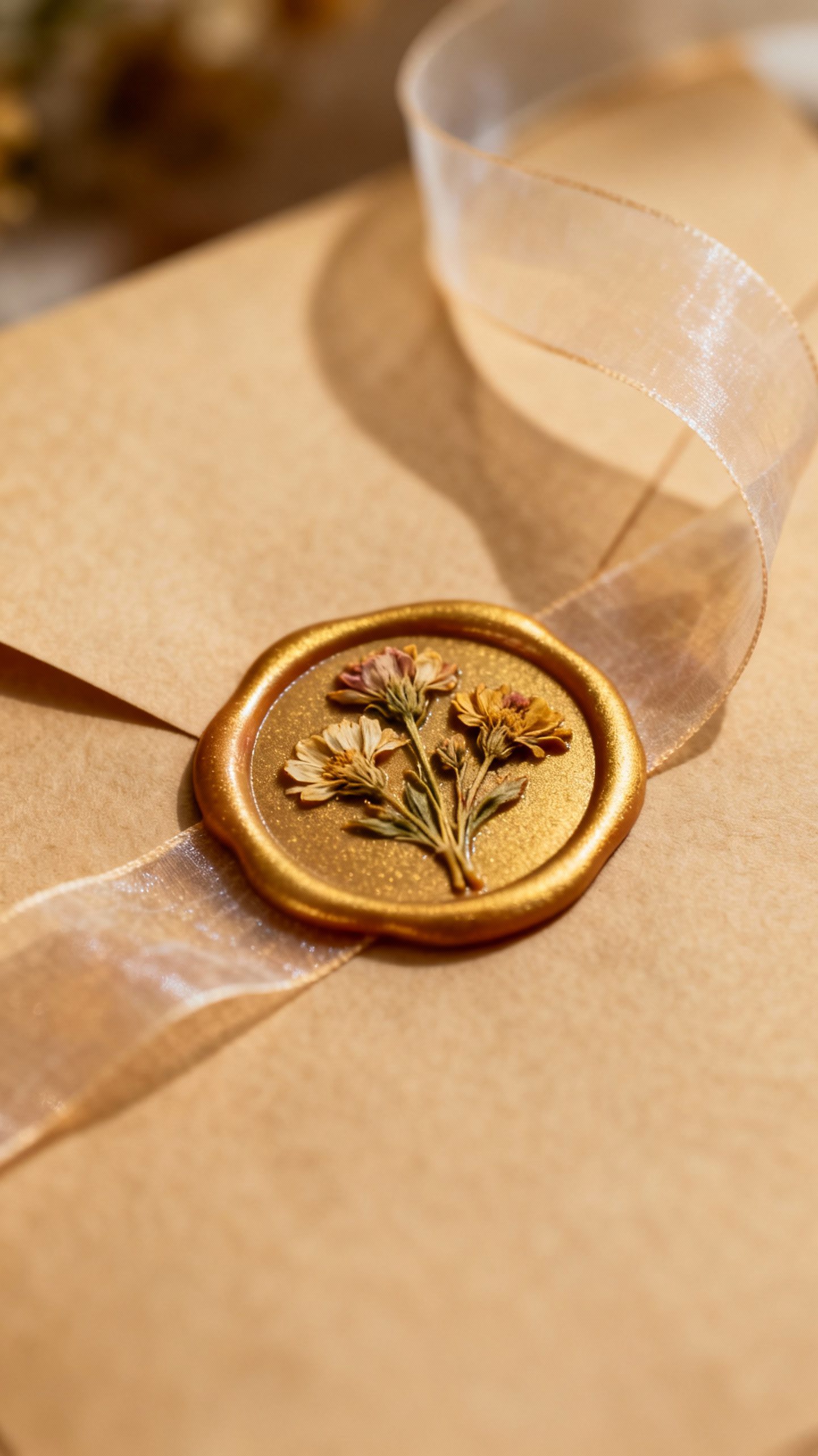 Closeup wax seal with dried flowers on vellum ribbon