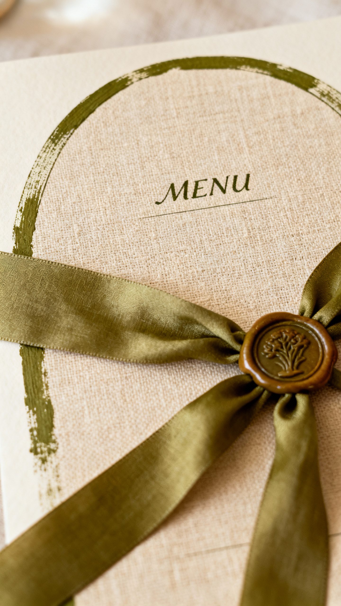 Detail of arched menu on linen paper, olive edge painting, silk ribbon knot beside wax seal
