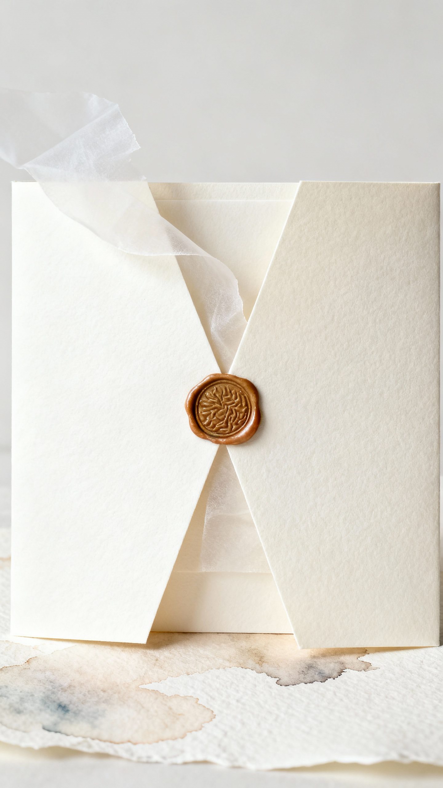 Gatefold invite opening, vellum overlay peel, wax seal pressed, textured watercolor paper