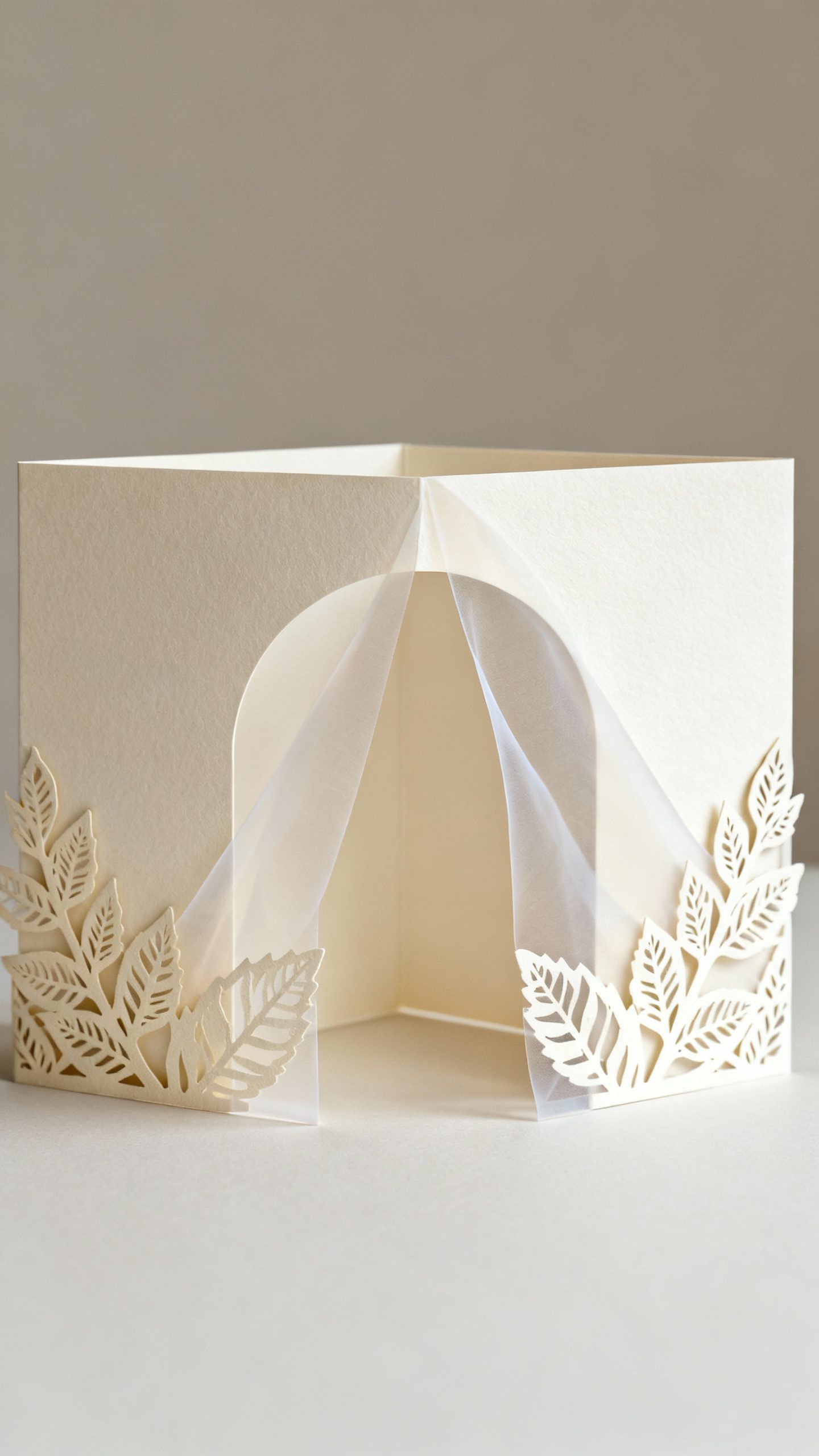 Gatefold wedding card opening, arch springing up, vellum overlay translucent, laser-cut leaf edges, 