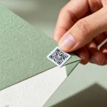 Hand applying tiny QR code sticker on invitation corner, textured paper, sage palette