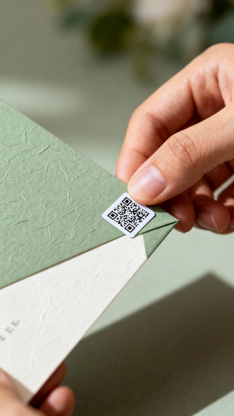 Hand applying tiny QR code sticker on invitation corner, textured paper, sage palette