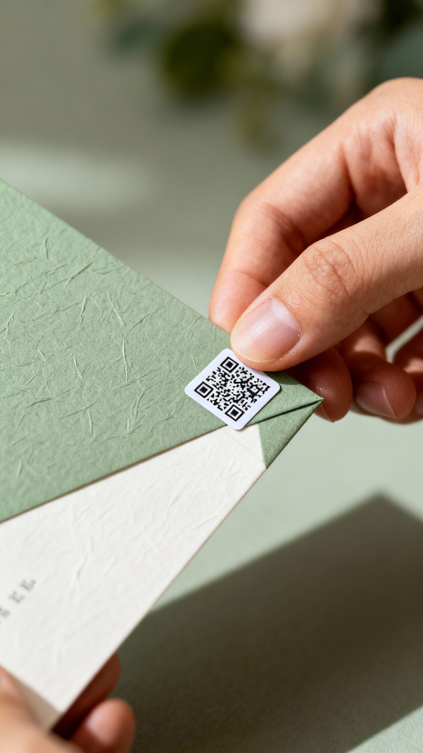 Hand applying tiny QR code sticker on invitation corner, textured paper, sage palette