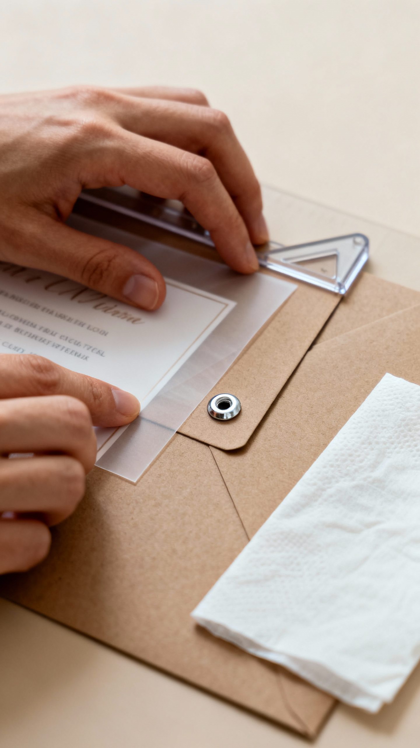 Hands assembling invite suite using corner jig: aligning vellum overlay on heavyweight cardstock, mi