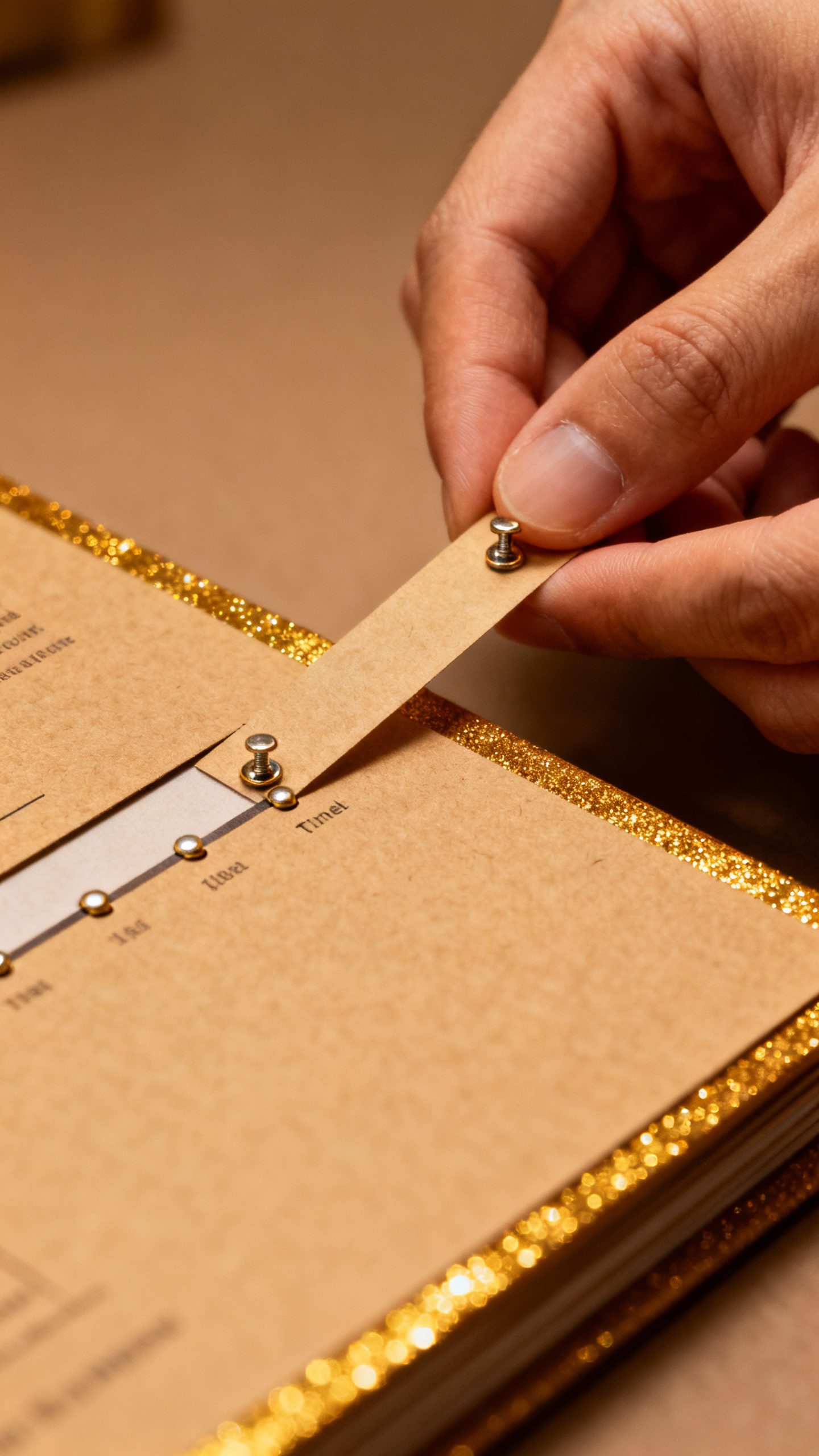 Hands pulling slider tab revealing timeline, heavy cardstock, foil edge shimmer, tiny metal brad mec