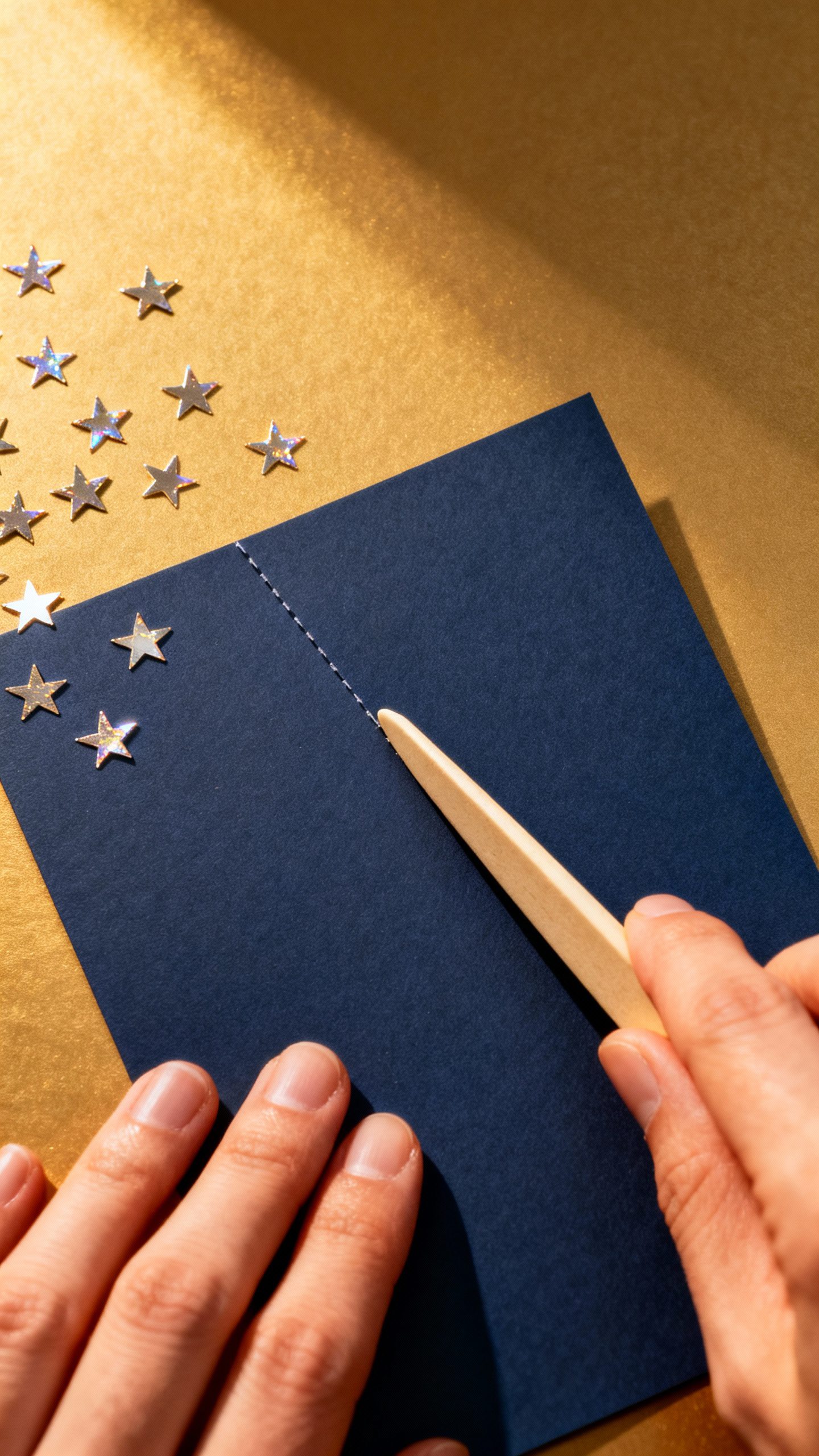 Hands scoring navy cardstock with bone folder, micro-foil stars nearby