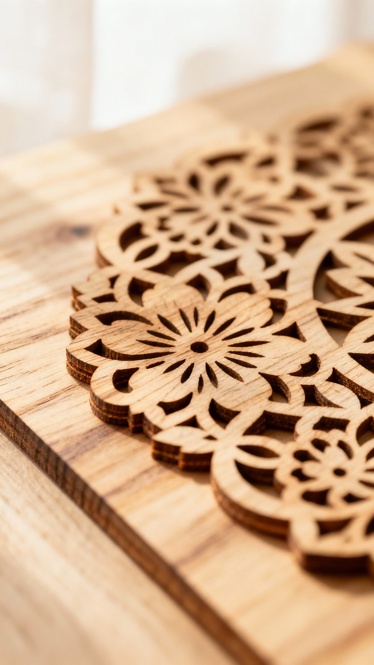 Laser-cut wood veneer lacework with florals, intricate cut edges, natural grain, soft studio backdro