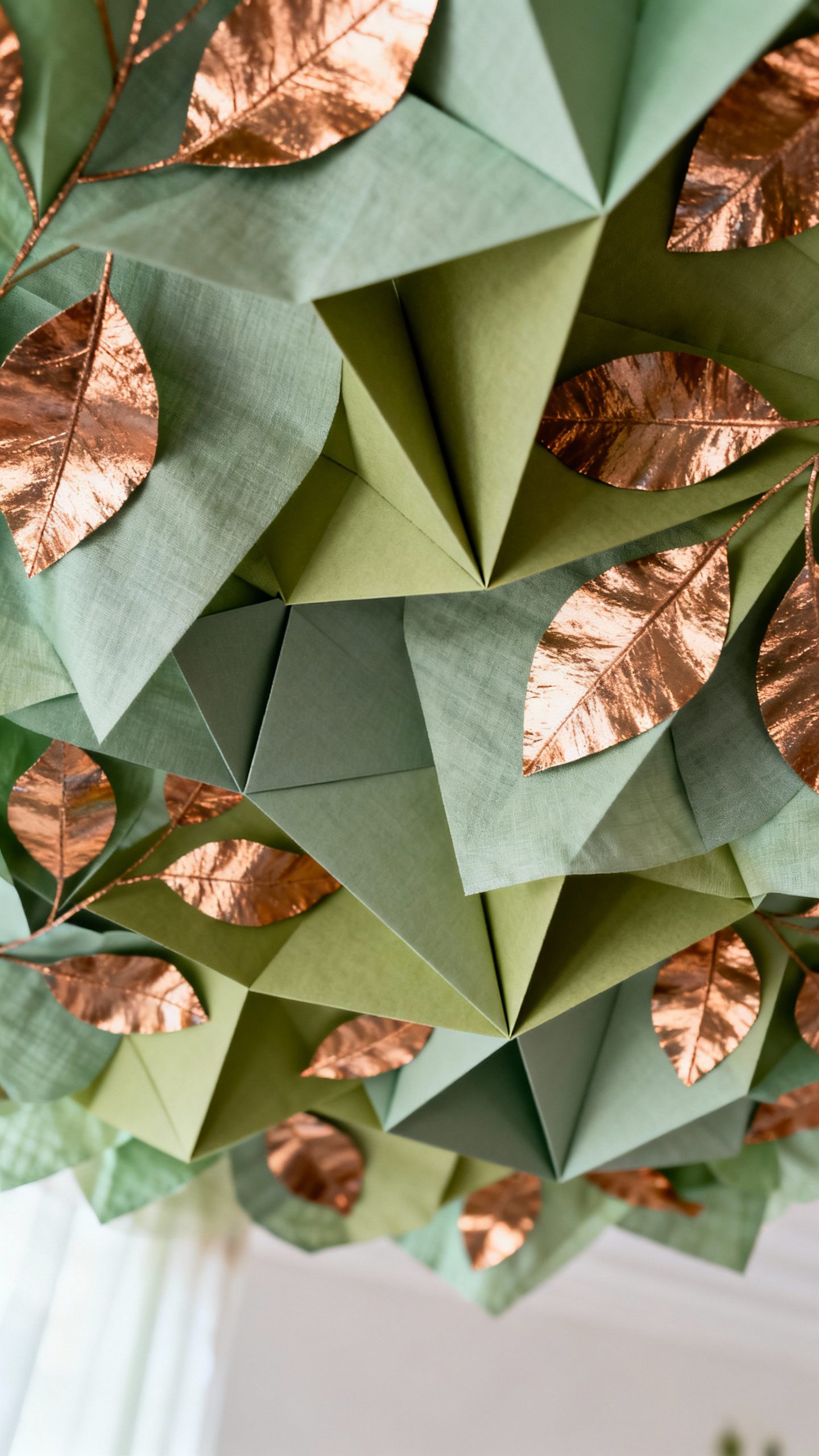 Layered sage and olive floral canopy, copper-foiled veins, V-fold tabs