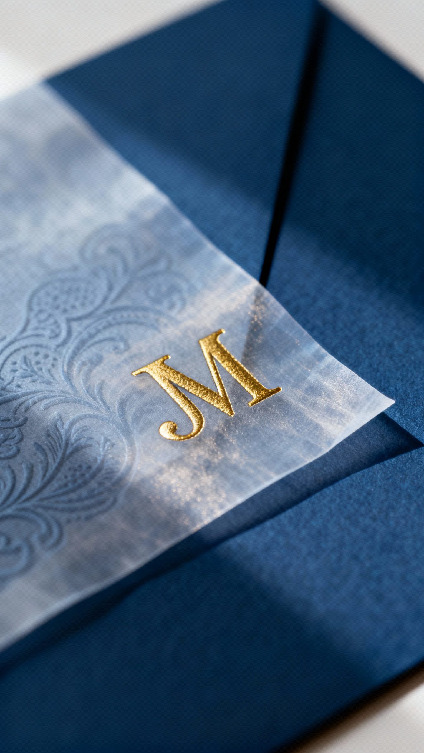 Macro shot of gold foil-stamped monogram on vellum overlay, dusk blue card beneath