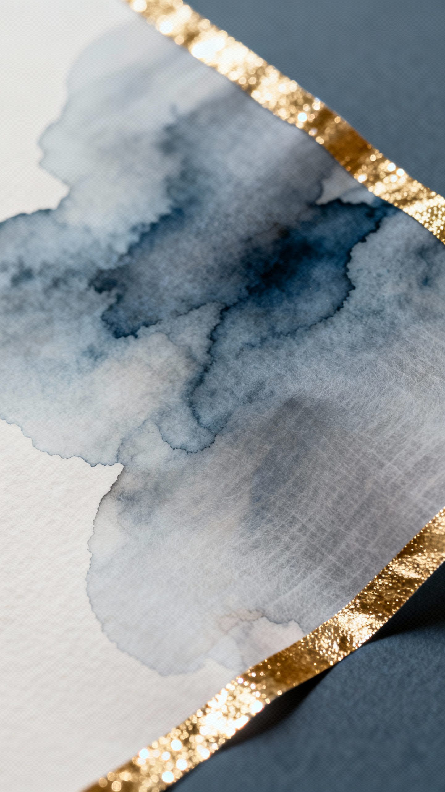 Macro shot of slate blue vellum wrap over watercolor wash, champagne foil border glinting
