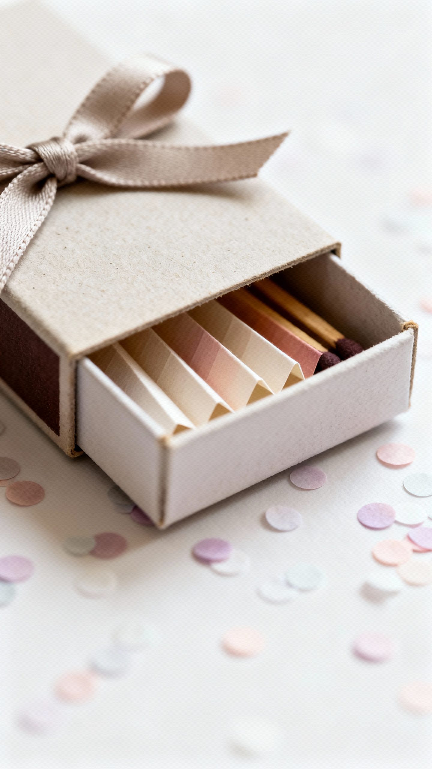 Matchbox invite with pull tab ribbon, concertina insert, tiny confetti, macro shot