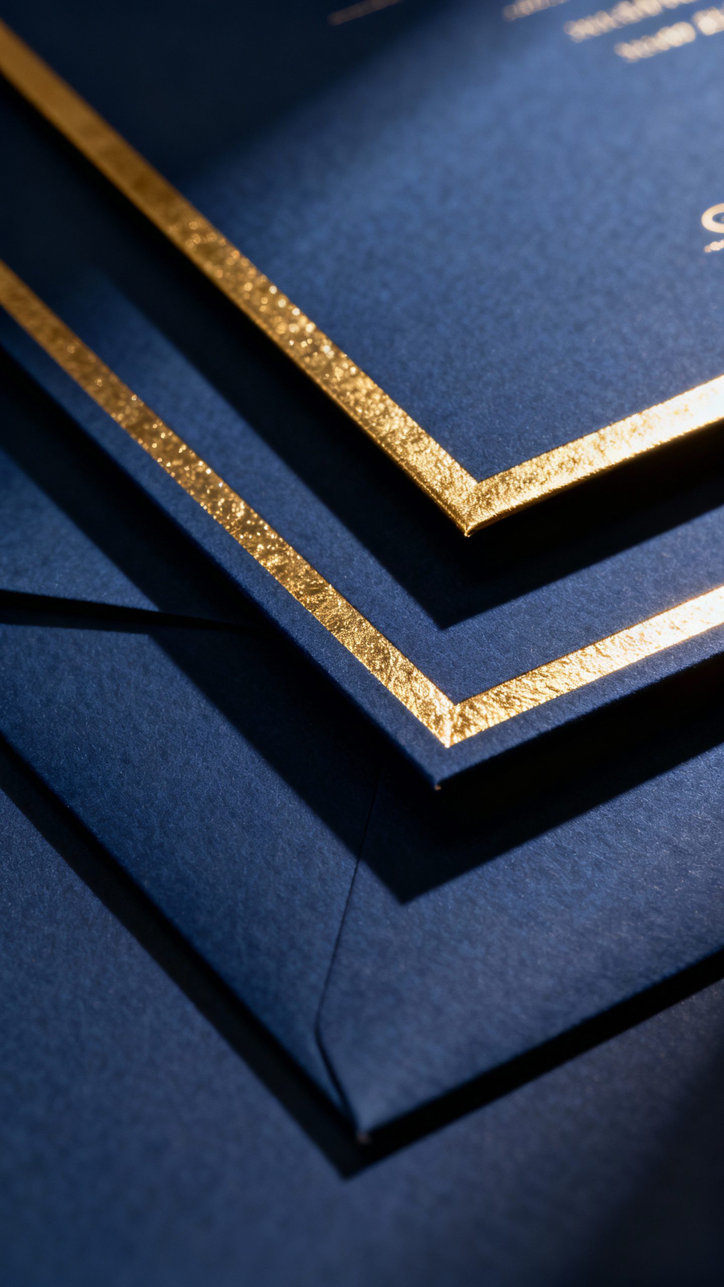 Navy double-thick invitation with gold edge gilding, dramatic lighting