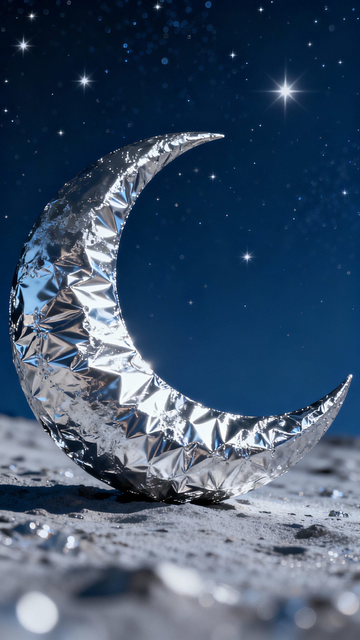 Navy starry night background, silver foil crescent moon detail
