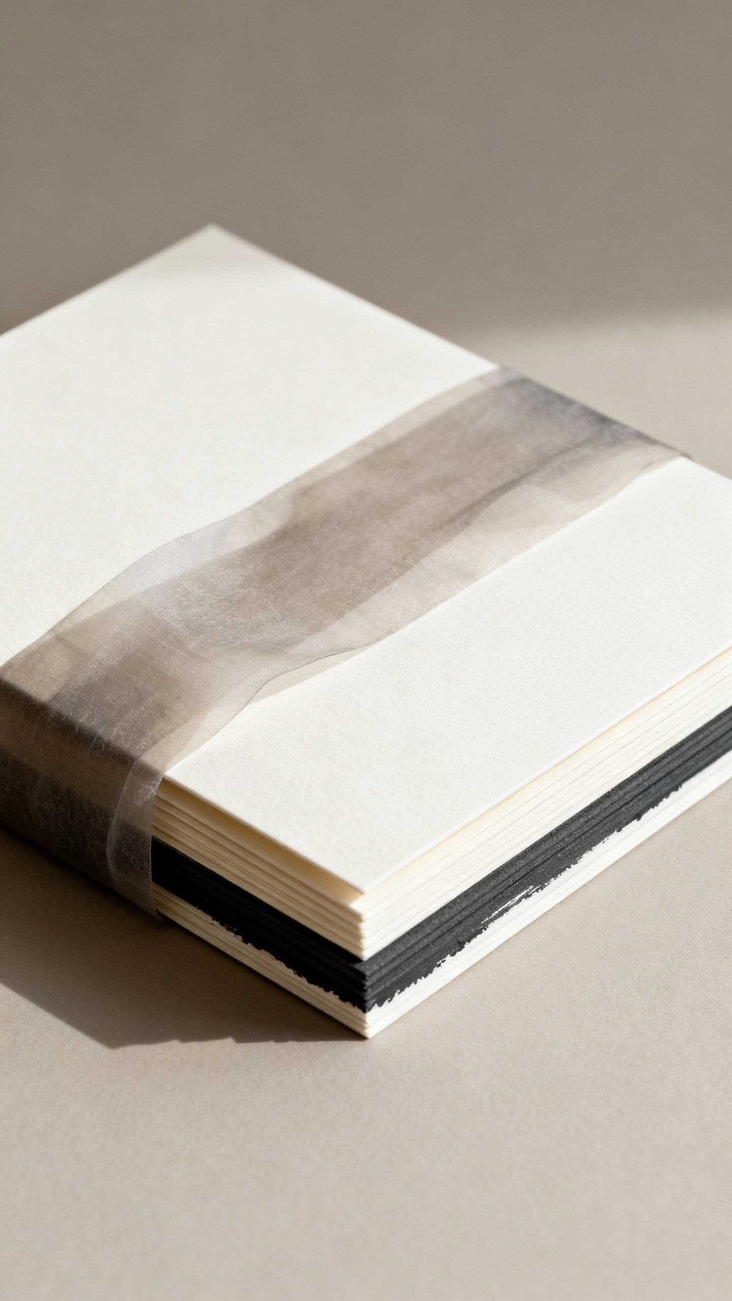 Stacked neutral suite: ivory card, greige vellum band, charcoal edge painting