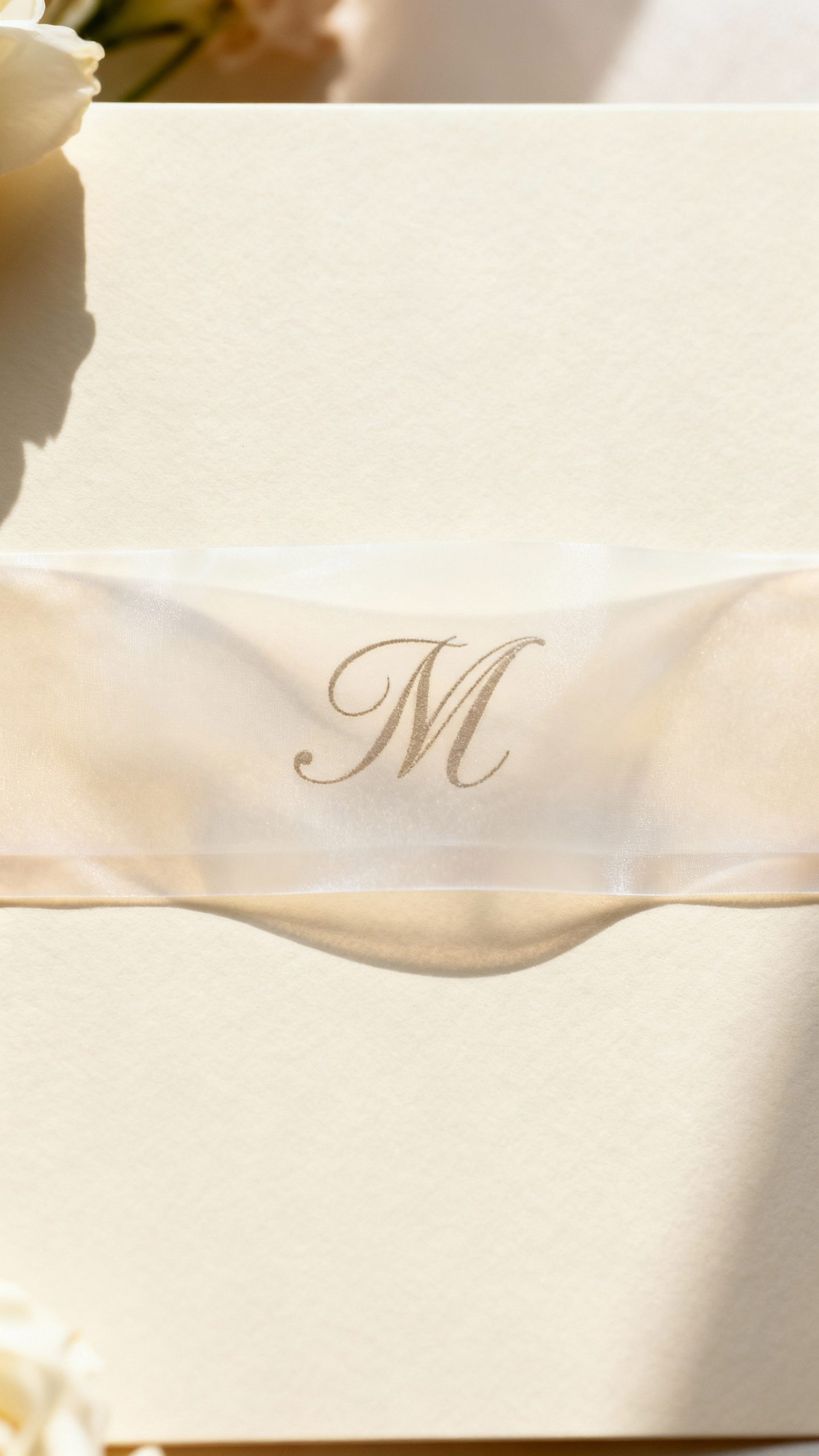 Vellum belly band with subtle monogram over ivory invite