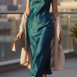 Full-length, realistic fashion photograph of a woman wearing a jewel-tone satin midi slip dress with a subtle cowl neckline (choose emerald, sapphire, or garnet), shot in soft golden-hour light that makes the satin reflect beautifully and drape fluidly. She stands on a chic city terrace with blurred skyline bokeh, exuding effortless elegance. Styling details: metallic strappy block-heel sandals, delicate pendant necklace, thin hoop earrings, minimal box clutch in a complementary neutral, and a soft wrap/pashmina casually draped over her forearms. The dress is perfectly steamed with no creases, hem hitting mid-calf, bias-cut movement captured as she takes a light step. Natural glam makeup with dewy skin, soft wave hair tucked behind one ear. Color palette: rich jewel tone dress, warm metallic accents, neutral clutch, soft evening tones. Camera: 50mm lens, eye-level, shallow depth of field (f/2.8), crisp focus on fabric sheen and jewelry, gentle backlight with rim highlights on the satin. Mood: luxe, minimal, elevated, budget-friendly chic.