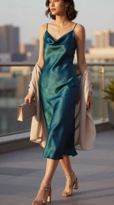 Full-length, realistic fashion photograph of a woman wearing a jewel-tone satin midi slip dress with a subtle cowl neckline (choose emerald, sapphire, or garnet), shot in soft golden-hour light that makes the satin reflect beautifully and drape fluidly. She stands on a chic city terrace with blurred skyline bokeh, exuding effortless elegance. Styling details: metallic strappy block-heel sandals, delicate pendant necklace, thin hoop earrings, minimal box clutch in a complementary neutral, and a soft wrap/pashmina casually draped over her forearms. The dress is perfectly steamed with no creases, hem hitting mid-calf, bias-cut movement captured as she takes a light step. Natural glam makeup with dewy skin, soft wave hair tucked behind one ear. Color palette: rich jewel tone dress, warm metallic accents, neutral clutch, soft evening tones. Camera: 50mm lens, eye-level, shallow depth of field (f/2.8), crisp focus on fabric sheen and jewelry, gentle backlight with rim highlights on the satin. Mood: luxe, minimal, elevated, budget-friendly chic.