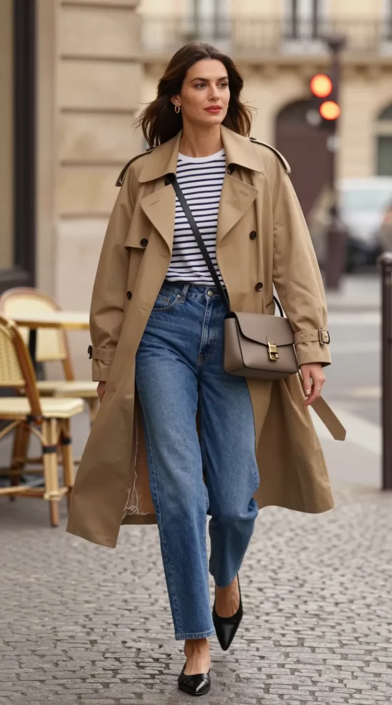 Golden-hour street style photo in a chic Parisian-inspired city setting: a confident woman mid-stride on a cobblestone sidewalk, wearing a cropped tan/camel trench jacket with a waist belt softly cinched, over a slim striped long-sleeve Breton tee. Pair with high-rise straight-leg medium-wash blue jeans, and pointed-toe black leather flats or sleek loafers. Add a structured taupe or black crossbody bag with a flap and clean lines, delicate small gold hoop earrings, and natural makeup with a soft red lip. Subtle wind lifts the trench hem, capturing effortless “I have my life together” energy. Background features classic stone buildings, café chairs, and soft bokeh traffic lights; muted, neutral palette with warm highlights. Shot on a 50mm lens at eye level, shallow depth of field, crisp textures in the trench and knit, editorial lighting, realistic fashion photography, no logos.