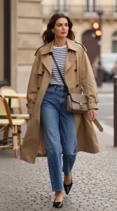 Golden-hour street style photo in a chic Parisian-inspired city setting: a confident woman mid-stride on a cobblestone sidewalk, wearing a cropped tan/camel trench jacket with a waist belt softly cinched, over a slim striped long-sleeve Breton tee. Pair with high-rise straight-leg medium-wash blue jeans, and pointed-toe black leather flats or sleek loafers. Add a structured taupe or black crossbody bag with a flap and clean lines, delicate small gold hoop earrings, and natural makeup with a soft red lip. Subtle wind lifts the trench hem, capturing effortless “I have my life together” energy. Background features classic stone buildings, café chairs, and soft bokeh traffic lights; muted, neutral palette with warm highlights. Shot on a 50mm lens at eye level, shallow depth of field, crisp textures in the trench and knit, editorial lighting, realistic fashion photography, no logos.