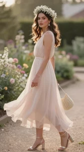 A realistic, high-resolution fashion photograph of a spring wedding guest in soft golden hour light, styled in a delicate cottagecore look. She wears a thin-wire baby’s breath halo positioned slightly back from the hairline over loose, natural waves. Outfit: a soft chiffon midi dress in blush (alternatively sage) with airy movement; strappy sandal heels in metallic champagne or cream; pearl drop earrings that subtly catch the light; and a small beaded micro bag in a natural, ivory tone. The scene is an outdoor garden path with blooming florals and gentle bokeh, pastel color palette, and a light breeze lifting the chiffon. Composition: 3/4 body shot, subject slightly off-center, candid turn of the head to showcase the halo and earrings without competing. Styling details: dewy makeup, soft rosy cheek, sheer gloss, minimal jewelry. Lighting: warm, diffused backlight with soft shadows; filmic color grading; shallow depth of field. Wardrobe textures are visible—gauzy chiffon, delicate pearls, tiny baby’s breath blossoms. Photographic style: editorial fashion, 50mm lens equivalent, f/2.0, ISO 100, natural light, ultra-detailed, true-to-life skin tones, elegant and ethereal mood.