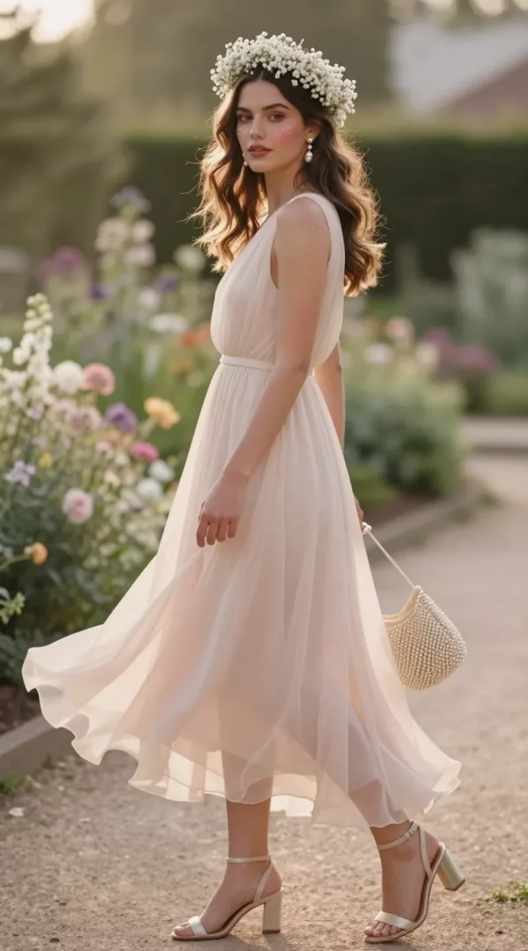 A realistic, high-resolution fashion photograph of a spring wedding guest in soft golden hour light, styled in a delicate cottagecore look. She wears a thin-wire baby’s breath halo positioned slightly back from the hairline over loose, natural waves. Outfit: a soft chiffon midi dress in blush (alternatively sage) with airy movement; strappy sandal heels in metallic champagne or cream; pearl drop earrings that subtly catch the light; and a small beaded micro bag in a natural, ivory tone. The scene is an outdoor garden path with blooming florals and gentle bokeh, pastel color palette, and a light breeze lifting the chiffon. Composition: 3/4 body shot, subject slightly off-center, candid turn of the head to showcase the halo and earrings without competing. Styling details: dewy makeup, soft rosy cheek, sheer gloss, minimal jewelry. Lighting: warm, diffused backlight with soft shadows; filmic color grading; shallow depth of field. Wardrobe textures are visible—gauzy chiffon, delicate pearls, tiny baby’s breath blossoms. Photographic style: editorial fashion, 50mm lens equivalent, f/2.0, ISO 100, natural light, ultra-detailed, true-to-life skin tones, elegant and ethereal mood.