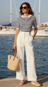 Realistic high-fashion editorial photo of a woman at a sunny marina dock, blue water and white sailboats in the background. She wears a navy-and-white sailor-stripe knit tee neatly tucked into high-waisted white wide-leg trousers with a sharp, tailored drape. On her feet: natural jute espadrille wedges. Accessories: structured straw tote with tan leather handles carried at her elbow, medium gold hoop earrings, and oversized tortoiseshell sunglasses. Light ocean breeze giving subtle movement to her hair and trousers; warm, golden spring daylight with crisp shadows. Color palette: navy, optic white, tan jute, tortoiseshell, and sunlit skin tones. Composition: three-quarter body, slightly off-center, shallow depth of field to softly blur sailboats while keeping outfit textures crisp (knit stripes, linen-like trousers, woven straw). Styling vibe: polished yet effortless coastal cool; confident, relaxed pose, one hand in pocket, the other holding tote. Editorial photography, 50mm lens look, high-resolution, natural skin texture, no heavy retouching.
