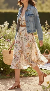Natural-light fashion photo of a woman walking through a sunlit garden path, captured mid-stride to show the swish of a soft floral-print chiffon midi dress with a gentle A-line silhouette; dress in muted wildflower tones (buttercream, blush, sage) that move fluidly. She wears strappy tan sandals with a slight block heel, carries a woven straw tote with leather handles, and delicate small gold hoop earrings glint in the light. A lightweight light-wash denim jacket is casually draped over her shoulders. Add a narrow tan leather belt cinching the waist. Scene is golden-hour, slightly backlit with warm bokeh, wildflowers and greenery surrounding, a picnic blanket and basket softly out of focus in the background to hint picnic-chic. Composition is editorial yet candid, full-body shot at a slight angle to emphasize motion and the dress’s swish, colors airy and natural with soft contrast, shallow depth of field, high-resolution, realistic texture and fabric detail, no logos, no text.
