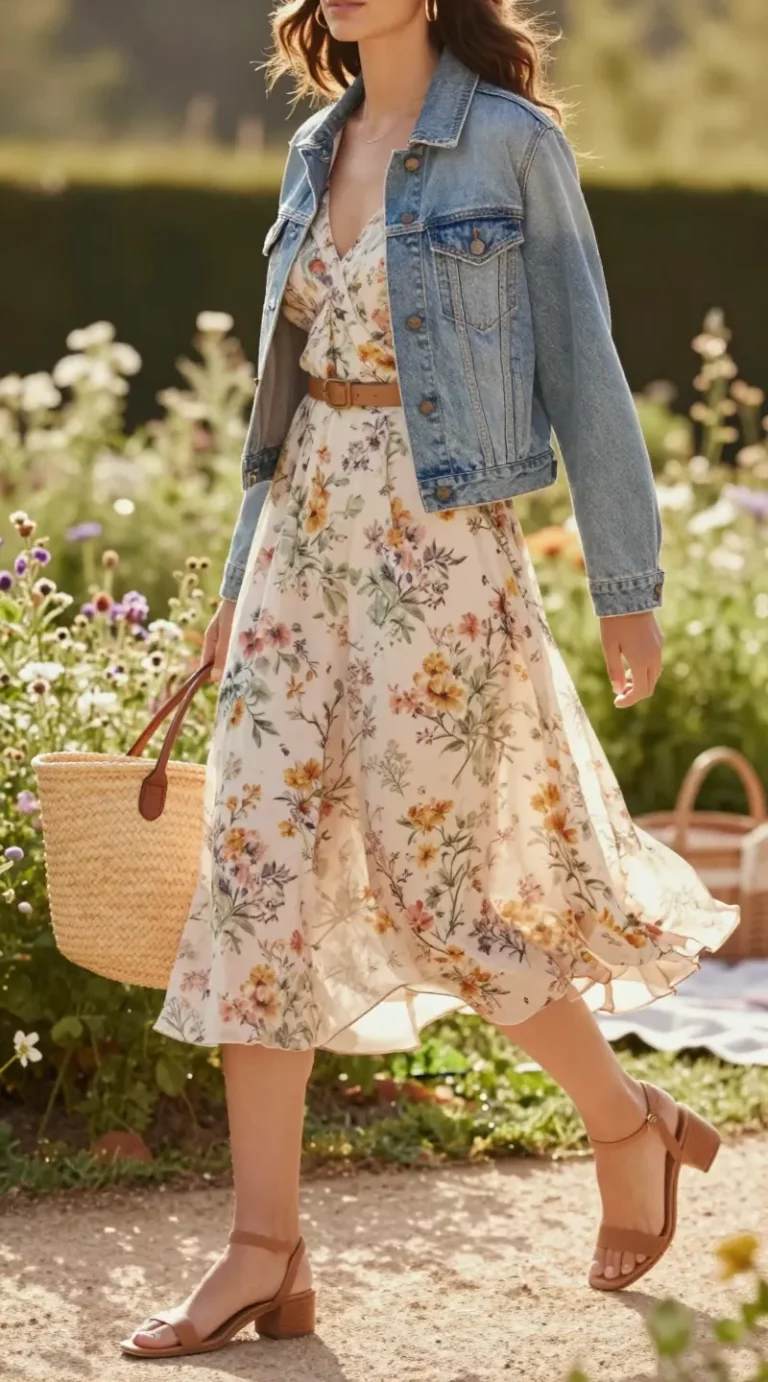 Natural-light fashion photo of a woman walking through a sunlit garden path, captured mid-stride to show the swish of a soft floral-print chiffon midi dress with a gentle A-line silhouette; dress in muted wildflower tones (buttercream, blush, sage) that move fluidly. She wears strappy tan sandals with a slight block heel, carries a woven straw tote with leather handles, and delicate small gold hoop earrings glint in the light. A lightweight light-wash denim jacket is casually draped over her shoulders. Add a narrow tan leather belt cinching the waist. Scene is golden-hour, slightly backlit with warm bokeh, wildflowers and greenery surrounding, a picnic blanket and basket softly out of focus in the background to hint picnic-chic. Composition is editorial yet candid, full-body shot at a slight angle to emphasize motion and the dress’s swish, colors airy and natural with soft contrast, shallow depth of field, high-resolution, realistic texture and fabric detail, no logos, no text.