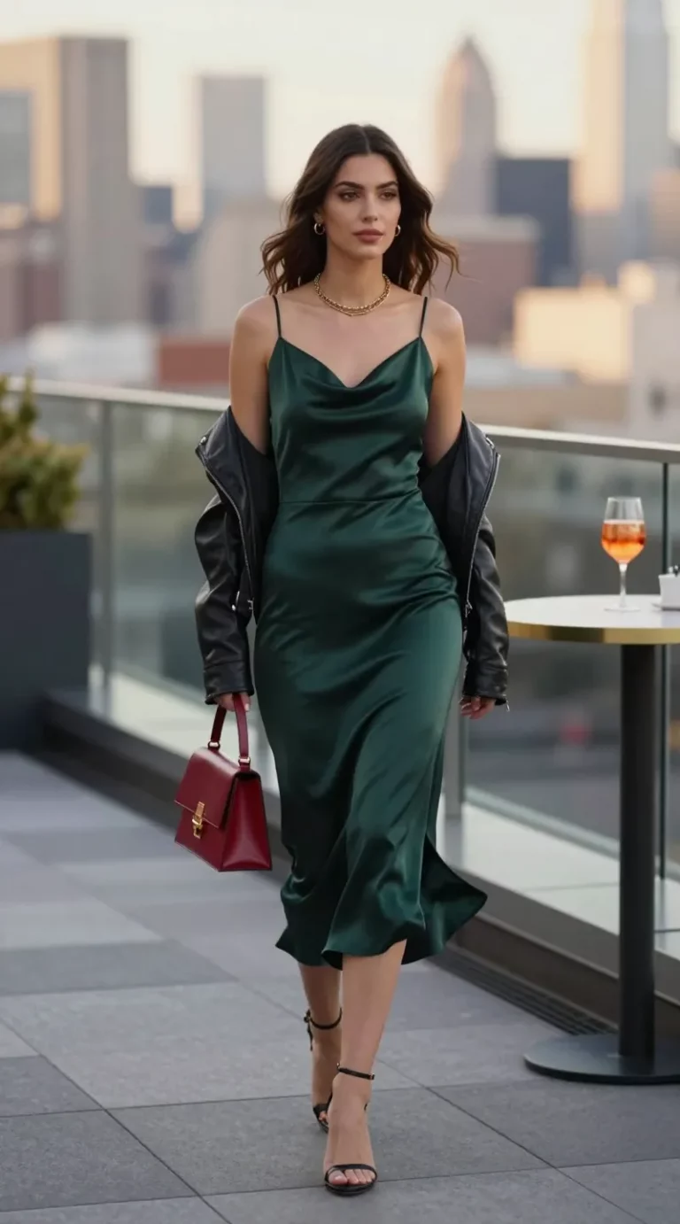A high-resolution, editorial street-style photo of a chic city wedding guest look: a woman in a bias-cut satin slip dress (choose black, deep forest green, or champagne) standing on a modern rooftop terrace at golden hour, skyline in soft bokeh. The slip dress skims the body with a subtle sheen, mid-calf length with a delicate cowl neckline. She wears strappy mid-heel sandals (or sleek low block heels), a delicate layered gold chain necklace, and carries a mini top-handle bag in a contrasting pop color (e.g., cherry red or cobalt). A cropped black leather jacket is draped over her shoulders for a cool, street-style edge. Light breeze giving movement to the hem and hair. Composition blends wedding-guest elegance and urban cool: clean architectural lines, glass railings, Aperol spritz on a nearby bistro table to hint at post-ceremony brunch. Natural, soft directional lighting, realistic skin texture, editorial fashion photography style, 50mm lens look, shallow depth of field, high detail, neutral color grading with warm highlights.