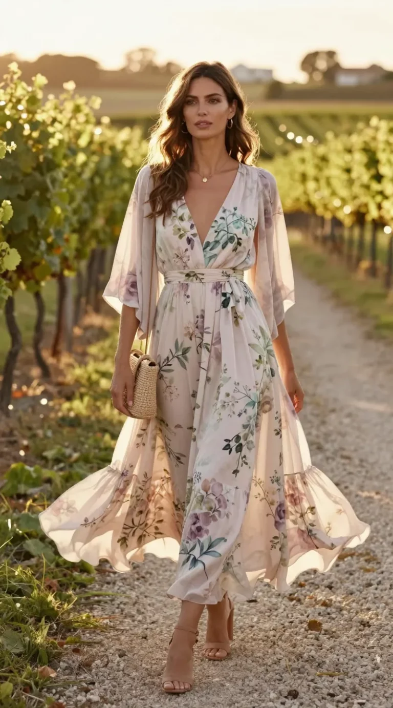 Golden-hour vineyard wedding scene, realistic high-quality fashion photo. A woman stands on a sunlit gravel path between lush grapevines, wearing a floaty floral chiffon midi dress with a cinched waist and soft movement in the breeze. The print echoes the scenery—delicate vine and watercolor florals in muted blush, sage, and soft lavender. She wears tan block-heel sandals, a delicate gold pendant necklace, and slim gold hoop earrings. She carries a small woven raffia mini bag and has a light, sheer shawl draped casually over her shoulders. Soft, natural glam makeup; loose, touchable waves. Warm, backlit sunset glow creates gentle highlights on the fabric; shallow depth of field with dreamy bokeh of vineyards and string lights in the distance. Composition emphasizes elegance and comfort on grass and gravel, with the dress catching the breeze. Color palette: sun-washed neutrals, blush, sage, soft gold. Photographed on a full-frame camera with a 50mm lens, f/2.0, high-resolution, editorial fashion style.