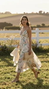 Golden-hour countryside wedding scene featuring a stylish guest gliding across a sunlit lawn. She wears a flowing wildflower-print midi dress with a soft A-line bias cut that moves naturally in the breeze; the print is delicate and painterly, in soft meadow tones (blush, sage, buttercream, cornflower). On her feet: low block-heel sandals in tan leather. She carries a small straw clutch with subtle woven texture and a braided edge. Jewelry: slim gold hoop earrings and a fine gold bracelet. A lightweight wrap in cream is draped loosely over her forearms. Hair is softly waved, half-up with wisps framing the face; makeup is fresh and dewy. Background: rustic countryside venue with rolling fields, a whitewashed fence, and wildflowers; warm, diffused sunlight creating gentle lens flare and soft shadows. Composition: 3/4 length candid walking shot, slightly off-center, shallow depth of field to blur the pastoral backdrop; color palette is warm and earthy. Photorealistic, high-resolution fashion editorial style, natural fabrics and textures clearly visible.
