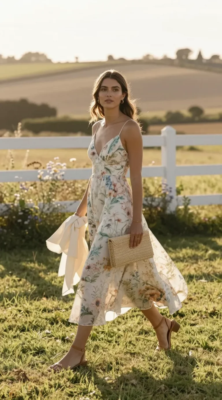 Golden-hour countryside wedding scene featuring a stylish guest gliding across a sunlit lawn. She wears a flowing wildflower-print midi dress with a soft A-line bias cut that moves naturally in the breeze; the print is delicate and painterly, in soft meadow tones (blush, sage, buttercream, cornflower). On her feet: low block-heel sandals in tan leather. She carries a small straw clutch with subtle woven texture and a braided edge. Jewelry: slim gold hoop earrings and a fine gold bracelet. A lightweight wrap in cream is draped loosely over her forearms. Hair is softly waved, half-up with wisps framing the face; makeup is fresh and dewy. Background: rustic countryside venue with rolling fields, a whitewashed fence, and wildflowers; warm, diffused sunlight creating gentle lens flare and soft shadows. Composition: 3/4 length candid walking shot, slightly off-center, shallow depth of field to blur the pastoral backdrop; color palette is warm and earthy. Photorealistic, high-resolution fashion editorial style, natural fabrics and textures clearly visible.