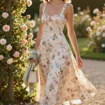 Golden-hour outdoor wedding scene in a blooming garden. A woman stands on a gravel path flanked by lush roses and climbing vines, wearing a ditsy floral midi dress with a soft sweetheart neckline, delicate straps, and a gentle A-line skirt that floats slightly in a light breeze; the dress has a shirred back for a close, comfortable fit and a tiny multicolored floral print on a soft ivory base. She pairs it with strappy block-heel sandals in blush, pearl drop earrings catching the warm sunlight, and carries a mini cream top-handle bag. A lightweight wrap in soft sage is draped loosely over her forearms. Skin glows in warm, low-angle light; colors are romantic and airy with soft bokeh in the background. Natural makeup, hair in relaxed waves. Composition: three-quarter body shot, slightly off-center, shallow depth of field. Style: editorial fashion photography, high-resolution, realistic textures, subtle movement in the skirt, elegant yet effortless mood. Camera: full-frame DSLR, 50mm lens, f/1.8, ISO 200, 1/800s. Lighting: natural golden hour backlight with gentle fill. Color palette: blush, cream, sage, soft florals. Mood: timeless, playful, romantic.