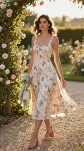 Golden-hour outdoor wedding scene in a blooming garden. A woman stands on a gravel path flanked by lush roses and climbing vines, wearing a ditsy floral midi dress with a soft sweetheart neckline, delicate straps, and a gentle A-line skirt that floats slightly in a light breeze; the dress has a shirred back for a close, comfortable fit and a tiny multicolored floral print on a soft ivory base. She pairs it with strappy block-heel sandals in blush, pearl drop earrings catching the warm sunlight, and carries a mini cream top-handle bag. A lightweight wrap in soft sage is draped loosely over her forearms. Skin glows in warm, low-angle light; colors are romantic and airy with soft bokeh in the background. Natural makeup, hair in relaxed waves. Composition: three-quarter body shot, slightly off-center, shallow depth of field. Style: editorial fashion photography, high-resolution, realistic textures, subtle movement in the skirt, elegant yet effortless mood. Camera: full-frame DSLR, 50mm lens, f/1.8, ISO 200, 1/800s. Lighting: natural golden hour backlight with gentle fill. Color palette: blush, cream, sage, soft florals. Mood: timeless, playful, romantic.