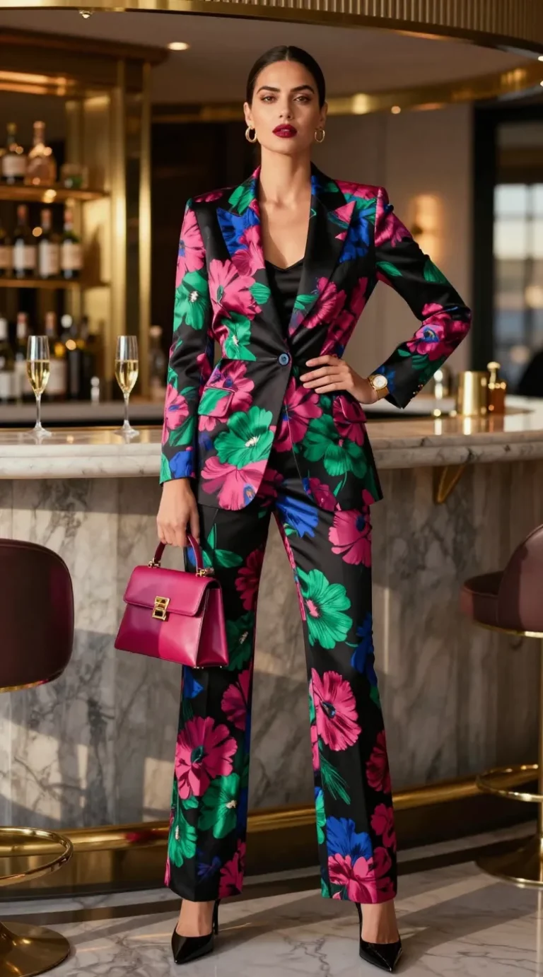 Ultra-realistic fashion editorial photo of a confident woman in a bold floral power suit at a chic city hotel bar during golden hour. She wears a tailored floral-printed blazer with a slightly cinched waist and matching straight or wide-leg trousers, the print featuring oversized modern florals in saturated jewel tones (magenta, emerald, cobalt) on a deep black base. Underneath: a sleek silk camisole in black. Footwear: pointed-toe heels in black patent leather. Accessories: a structured mini top-handle bag in a color-matched floral tone (magenta), delicate gold hoop earrings, and a slim minimalist gold watch. Fit is expertly tailored—crisp shoulders, clean hem break on trousers. Hair is polished in a smooth low bun; makeup is luminous with a statement berry lip. Pose is poised and powerful, one hand on hip, the other resting on the bag, slightly angled toward camera. Background: upscale lounge with marble bar, champagne flutes, soft bokeh lights, and modern brass accents; subtle reflections on polished surfaces. Lighting: soft directional key light with gentle fill to highlight fabric texture and sheen of the blazer, natural rim light from a nearby window. Camera: full-body portrait at a slight low angle, 50mm lens, shallow depth of field. Color palette: rich jewel tones with black, gold accents, and champagne highlights. Emphasis on sharp tailoring, photogenic lines, and luxe floral print that reads bold and modern. Photorealistic, high resolution, editorial quality.