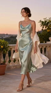 Golden-hour wedding guest scene, realistic fashion photography. A woman stands on a sunlit terrace overlooking a spring garden at sunset, sky in soft sherbet hues (peach, apricot, lavender). She wears a bias-cut satin slip dress in soft sage with a subtle sheen that skims the body without clinging, mid-calf length with a gentle cowl neckline. Light breeze catches the hem and a sheer cream shawl draped over her shoulders. Accessories: delicate layered gold necklaces, slim gold bracelets, small cream mini box clutch with a minimal clasp, and strappy metallic gold sandals with a modest heel. Styling emphasizes effortless elegance and movement; natural glowy makeup, soft brushed-up brows, slightly tousled low bun. Lighting warm and directional, highlighting satin’s shimmer and soft shadows. Background details: stone balustrade, potted citrus trees, scattered flower petals, bokeh fairy lights hinting at an outdoor ceremony. Composition: three-quarter body shot, slightly low angle to elongate, shallow depth of field to keep focus on the dress’s drape and sheen. Color palette: sage, blush-peach sky, cream, and gold accents. High-resolution, editorial-quality, minimal retouching, natural textures visible.