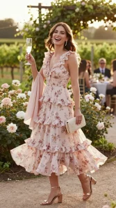 Realistic fashion photo of a woman at a spring garden wedding during golden hour, mid-laugh while raising a champagne flute. She wears a blush floral tiered ruffle midi dress with ruffles starting just below the bust, gently cinched waist, and soft, cascading layers that flutter as she moves. Accessories: strappy metallic block-heel sandals in champagne, delicate pearl drop earrings catching the light, mini beaded clutch in cream held at her side, and a lightweight wrap in soft rose draped loosely over her forearms. Setting: lush garden venue with blooming roses and peonies, climbing greenery, string lights, and a hint of vineyard rows in the background; guests and bistro tables softly blurred for depth of field. Styling details: natural, glowing makeup, rosy lip, soft waves in hair. Photographic style: high-resolution editorial fashion shot, shallow depth of field (bokeh), warm backlighting, motion in the ruffles emphasized, candid elegance, color palette of blush, cream, champagne, and soft greens. Camera: 50mm lens, f/2.0, ISO 200, slight lens flare for romantic atmosphere.