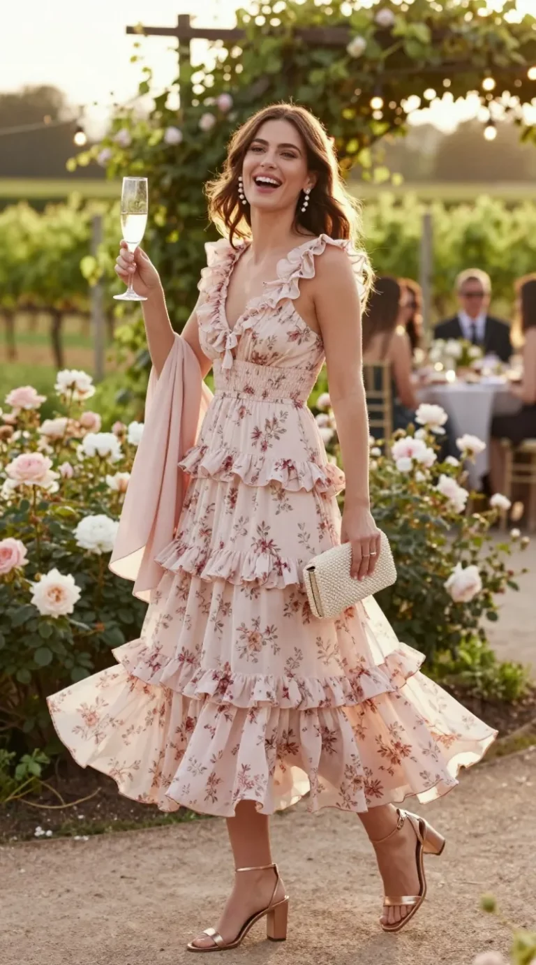 Realistic fashion photo of a woman at a spring garden wedding during golden hour, mid-laugh while raising a champagne flute. She wears a blush floral tiered ruffle midi dress with ruffles starting just below the bust, gently cinched waist, and soft, cascading layers that flutter as she moves. Accessories: strappy metallic block-heel sandals in champagne, delicate pearl drop earrings catching the light, mini beaded clutch in cream held at her side, and a lightweight wrap in soft rose draped loosely over her forearms. Setting: lush garden venue with blooming roses and peonies, climbing greenery, string lights, and a hint of vineyard rows in the background; guests and bistro tables softly blurred for depth of field. Styling details: natural, glowing makeup, rosy lip, soft waves in hair. Photographic style: high-resolution editorial fashion shot, shallow depth of field (bokeh), warm backlighting, motion in the ruffles emphasized, candid elegance, color palette of blush, cream, champagne, and soft greens. Camera: 50mm lens, f/2.0, ISO 200, slight lens flare for romantic atmosphere.