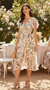 High‑resolution, editorial fashion photo of a woman at a sunlit garden party wearing a romantic floral wrap midi dress with a tie waist, the wrap cinched at the smallest part of her waist. The dress features soft, painterly blossoms in blush, sage, and cream on a muted background, flutter sleeves, and a midi hem that grazes mid-calf. She pairs it with cream block-heel sandals, carries a woven straw clutch, and wears delicate gold hoop earrings. Hair in soft waves or a sleek low pony. Scene set in a lush garden with blooming roses, dappled afternoon light, white bistro chairs, and a soft pastel tablescape with lemonade and macarons. Natural makeup with dewy skin and a rosy lip. Candid, confident pose—slight laugh, one hand adjusting the wrap tie. Shot on full-frame DSLR with a 50mm lens, shallow depth of field (bokeh on florals), warm golden tones, true-to-life colors, subtle film grain, editorial magazine quality.